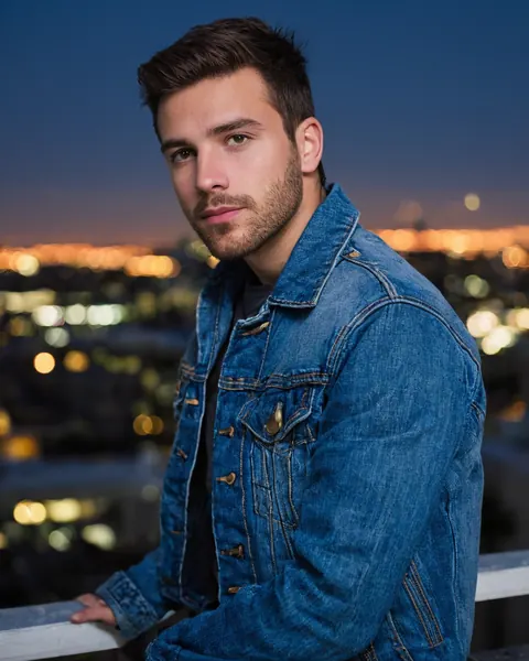 Young man in denim jacket on rooftop overlooking city lights at dusk