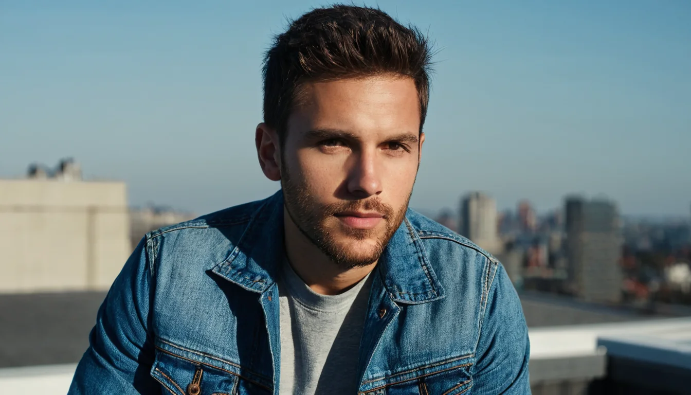 Young man in denim jacket on rooftop overlooking city with clear blue sky