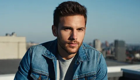 Young man in denim jacket on rooftop overlooking city with clear blue sky