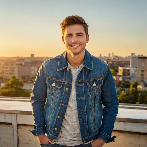 Young man in denim jacket smiling on city rooftop at golden sunset