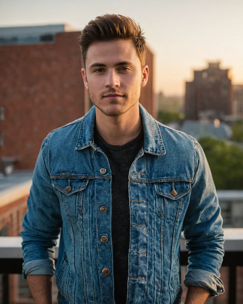 Young man in denim jacket standing on city rooftop at golden hour