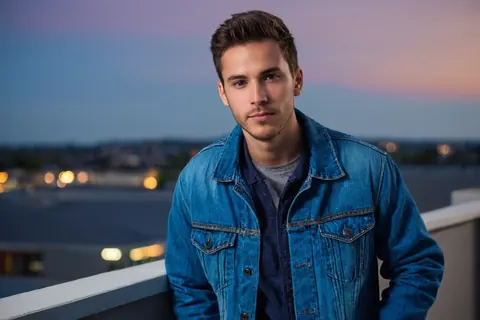 Young man in denim jacket standing on rooftop at dusk with city lights behind him