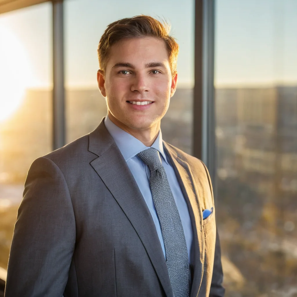 Young professional man in suit smiling by office window with city view
