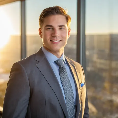 Young professional man in suit smiling by office window with city view