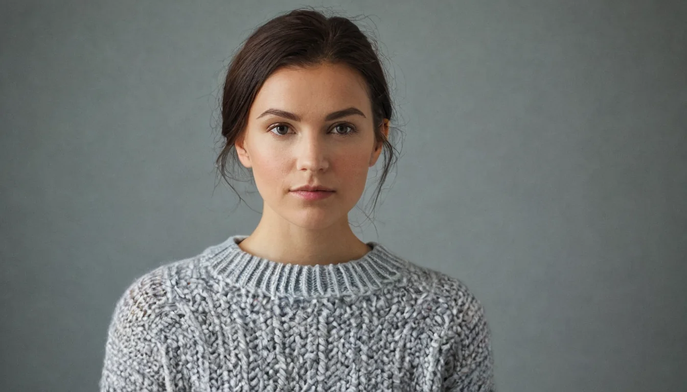 Young woman in gray knit sweater looking at camera against gray background